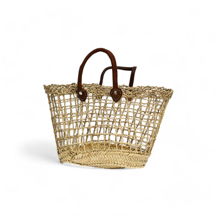 Baskets rattan leather handles square stitch