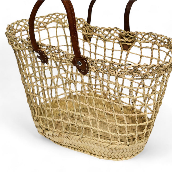 Baskets rattan leather handles square stitch