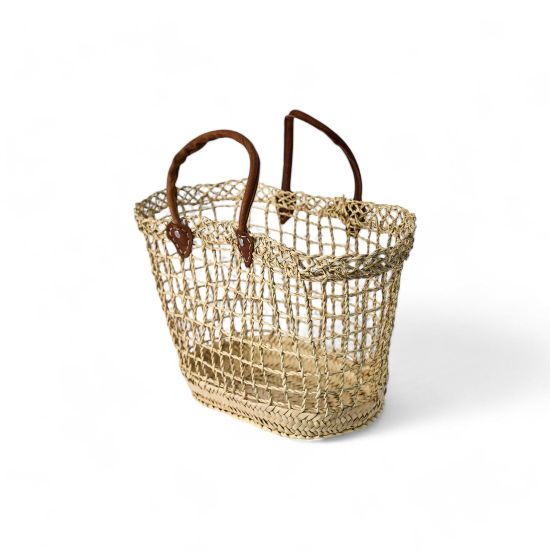 Baskets rattan leather handles square stitch