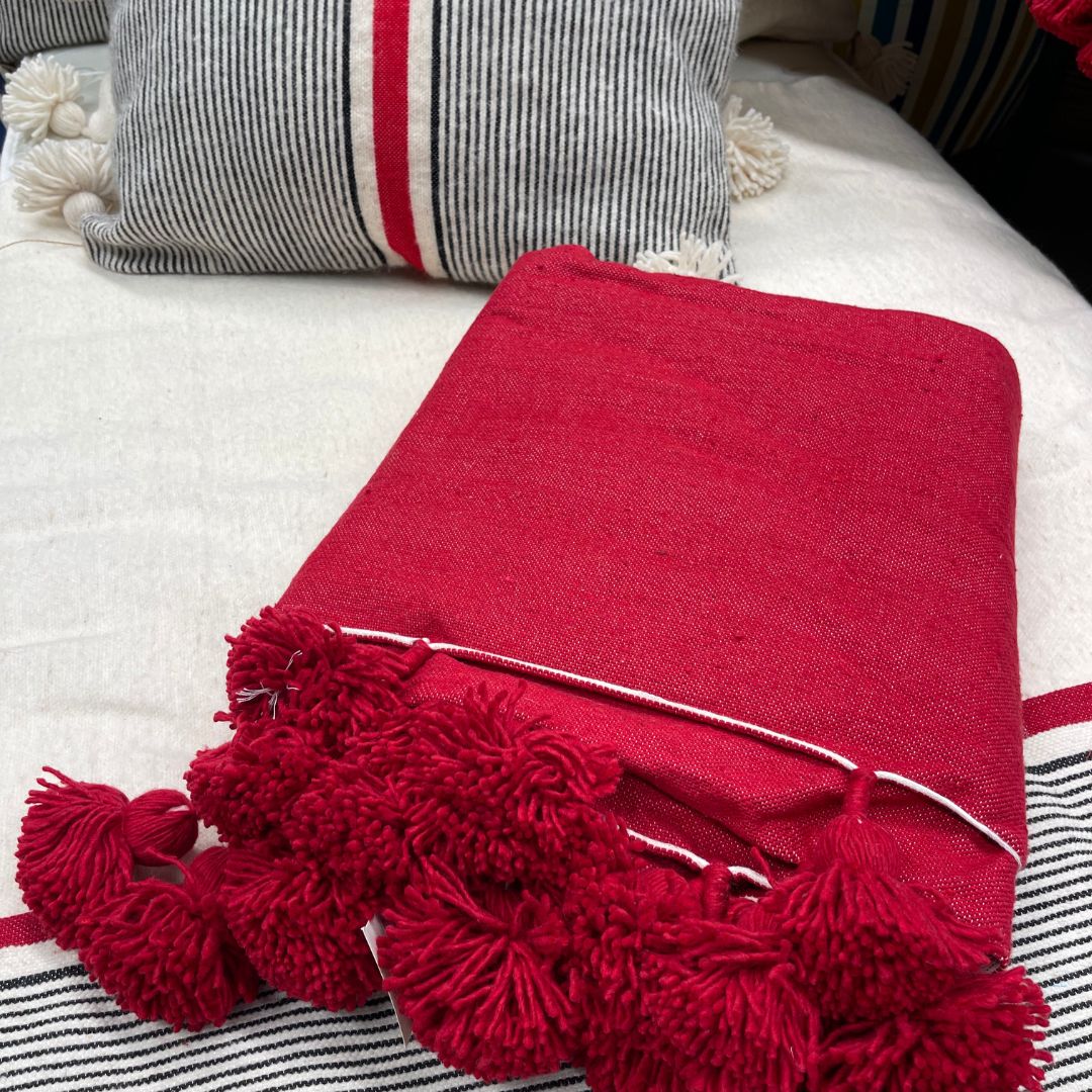 Bed or Couch Blanket - Cotton with Pom Pom edging 3 x 2.2M All red