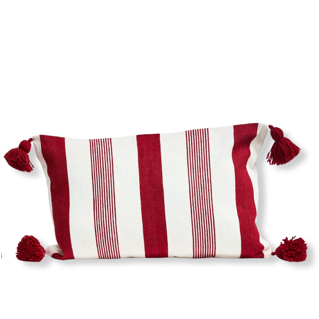 Cushion Cotton with Pom Poms 60x40cms red stripe