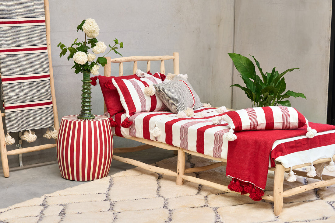 Bed or Couch Throw - Cotton with Pom Pom edging 150cm x 150cms Red and white stripe