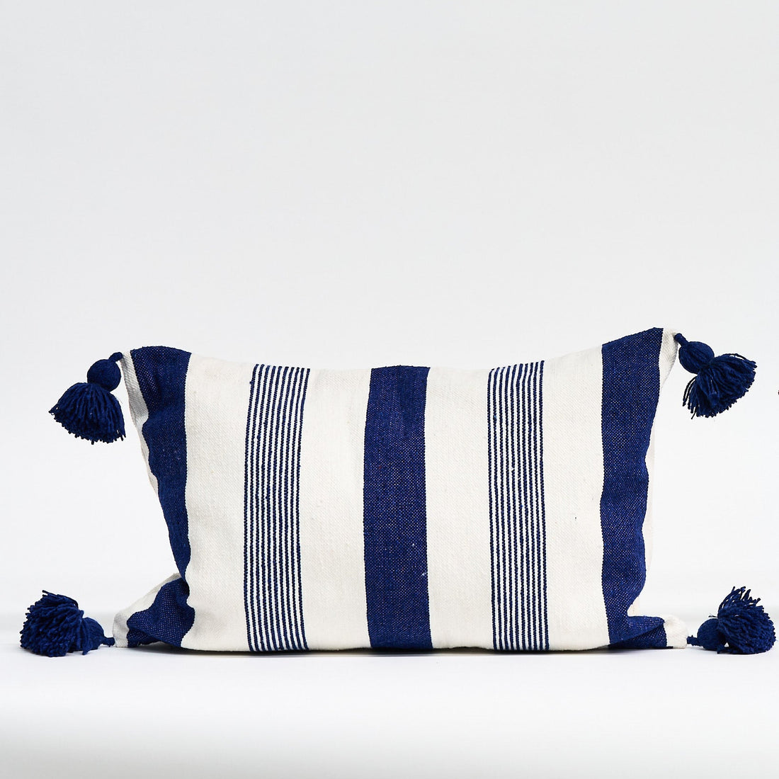 Cushion Cotton with Pom Poms 60x40cms Blue stripe