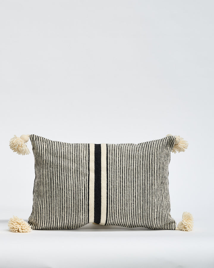 Wool Cushion with Pom Poms 60x40cms Navy stripe