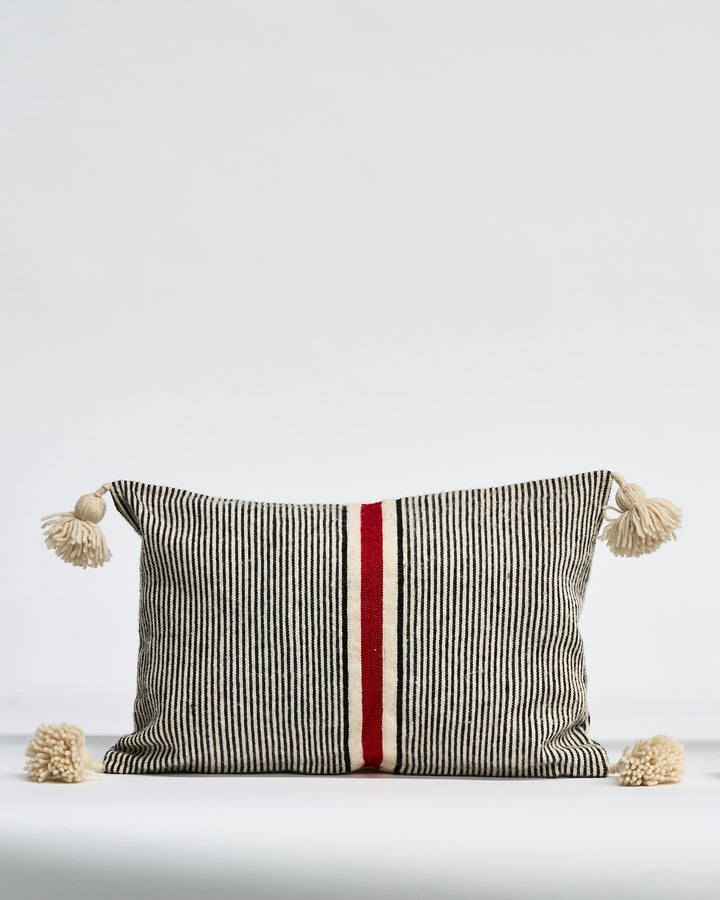 Wool Cushion with Pom Poms 60x40cms Red stripe